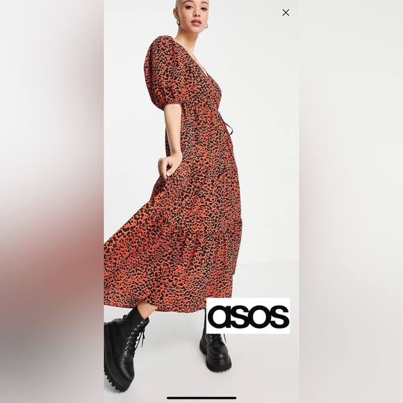 ASOS Dresses & Skirts - ASOS wrap front tiered smock midi dress in red animal print